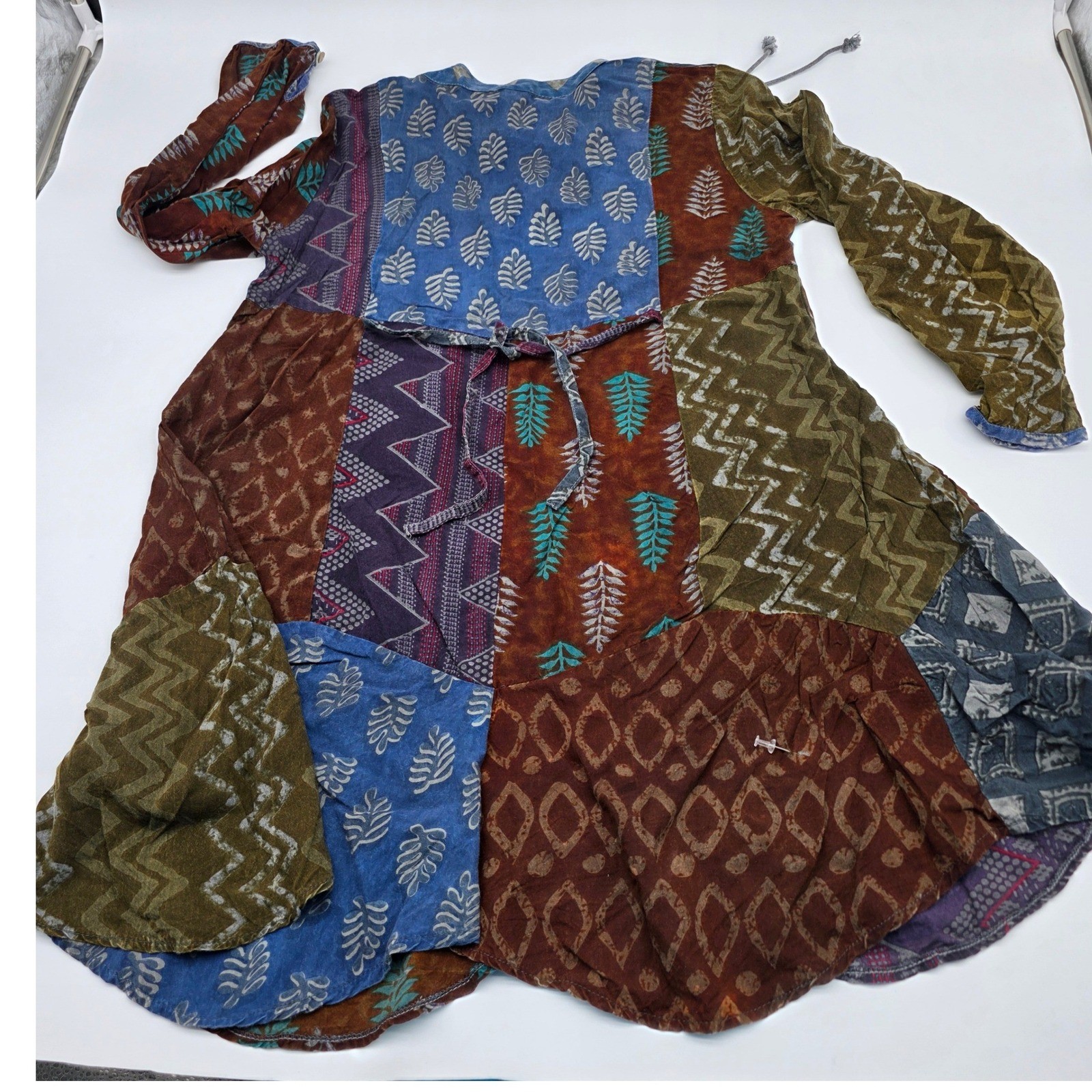 Boho Sacred Threads Patchwork Tunic Dress W S/M Multicolor Lace Up Tie Back