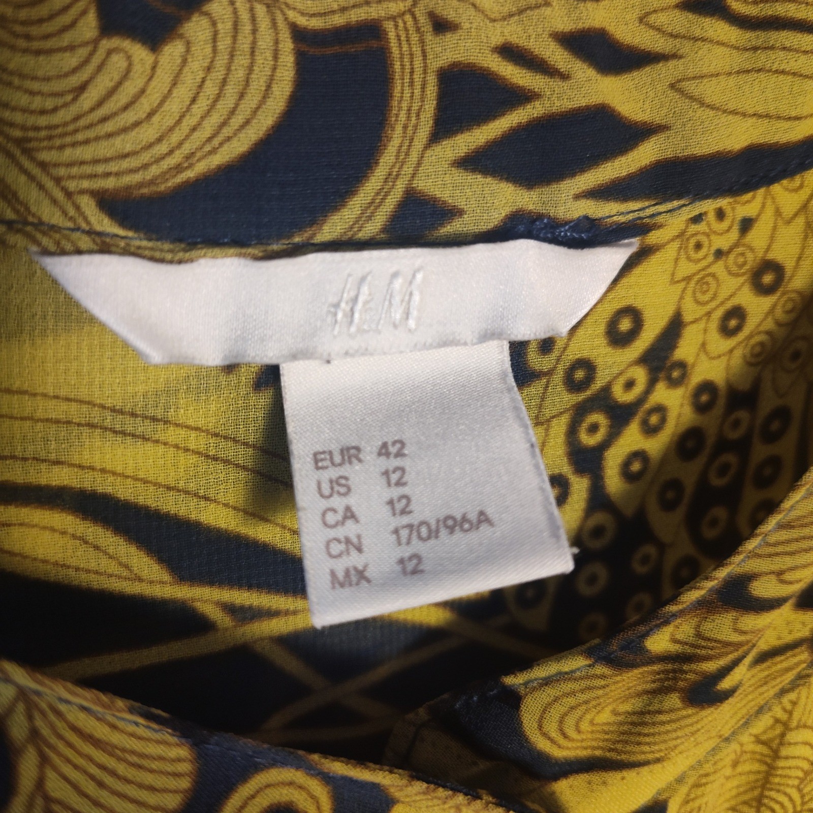HM Womens Yellow Black Graphic Print Button Down Shirt Dress Size 12 Long Sleeve