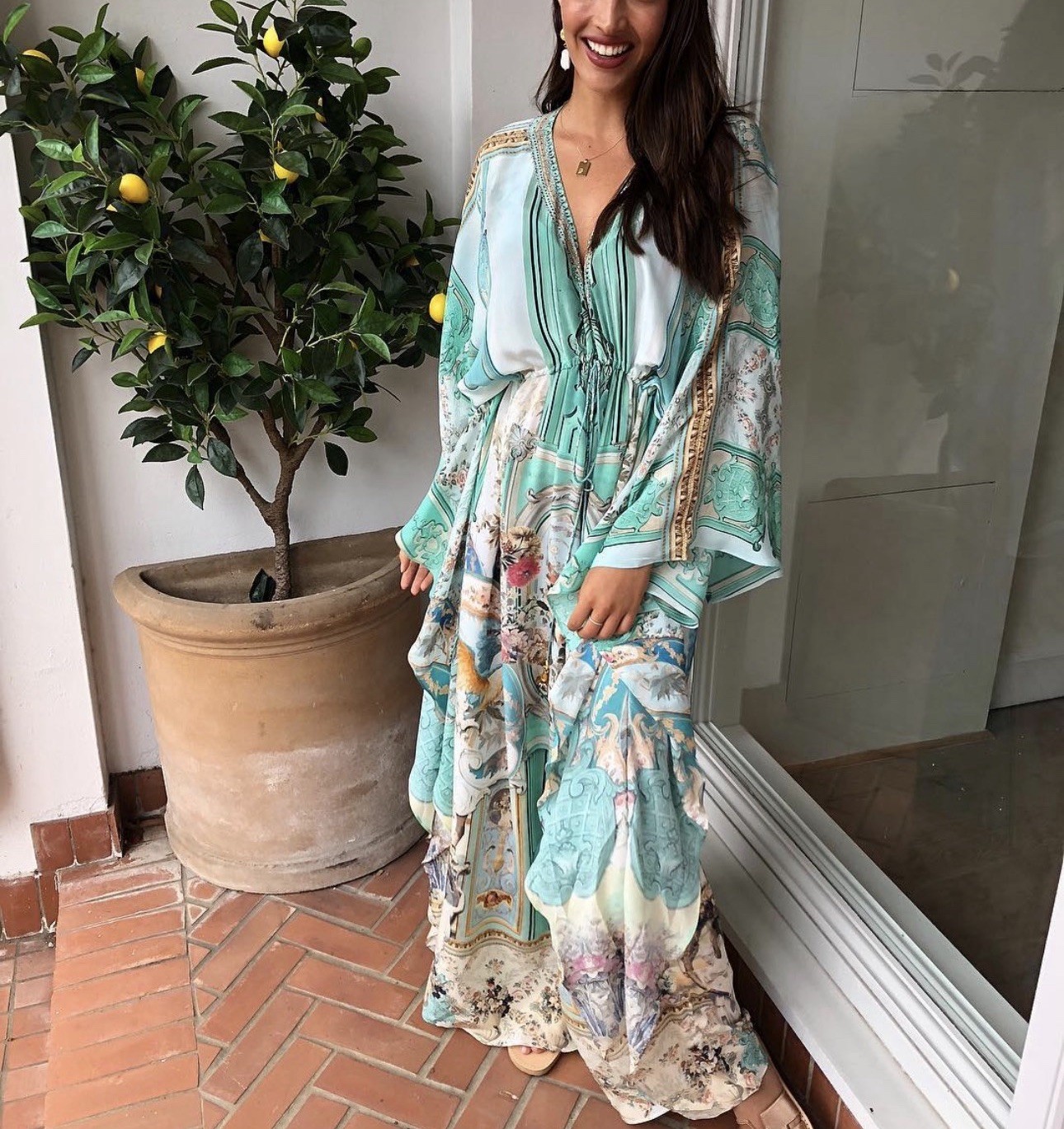 Camilla I Dream Of Marie Kaftan Size L/XL V-Neck Drawstring Dress Silk