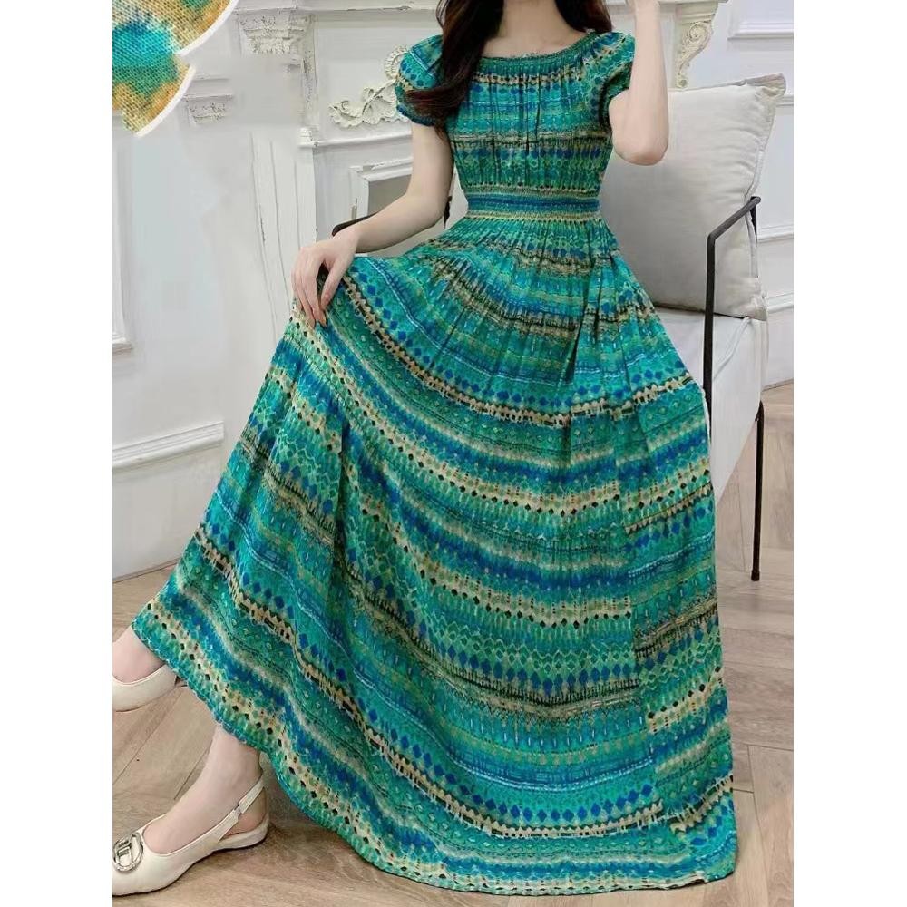 Elegant Boho Floral Maxi Dress Women Elastic Waist Comfort All Figure Sizes