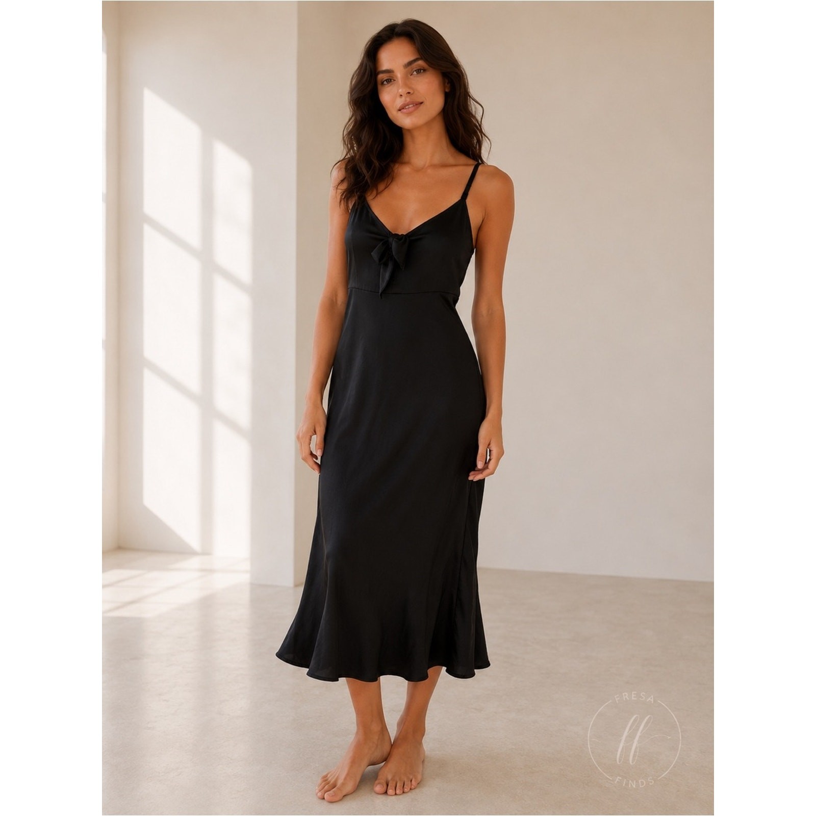 Socialite Black Satin Tie Front Slip Midi Dress XS Adjustable Straps