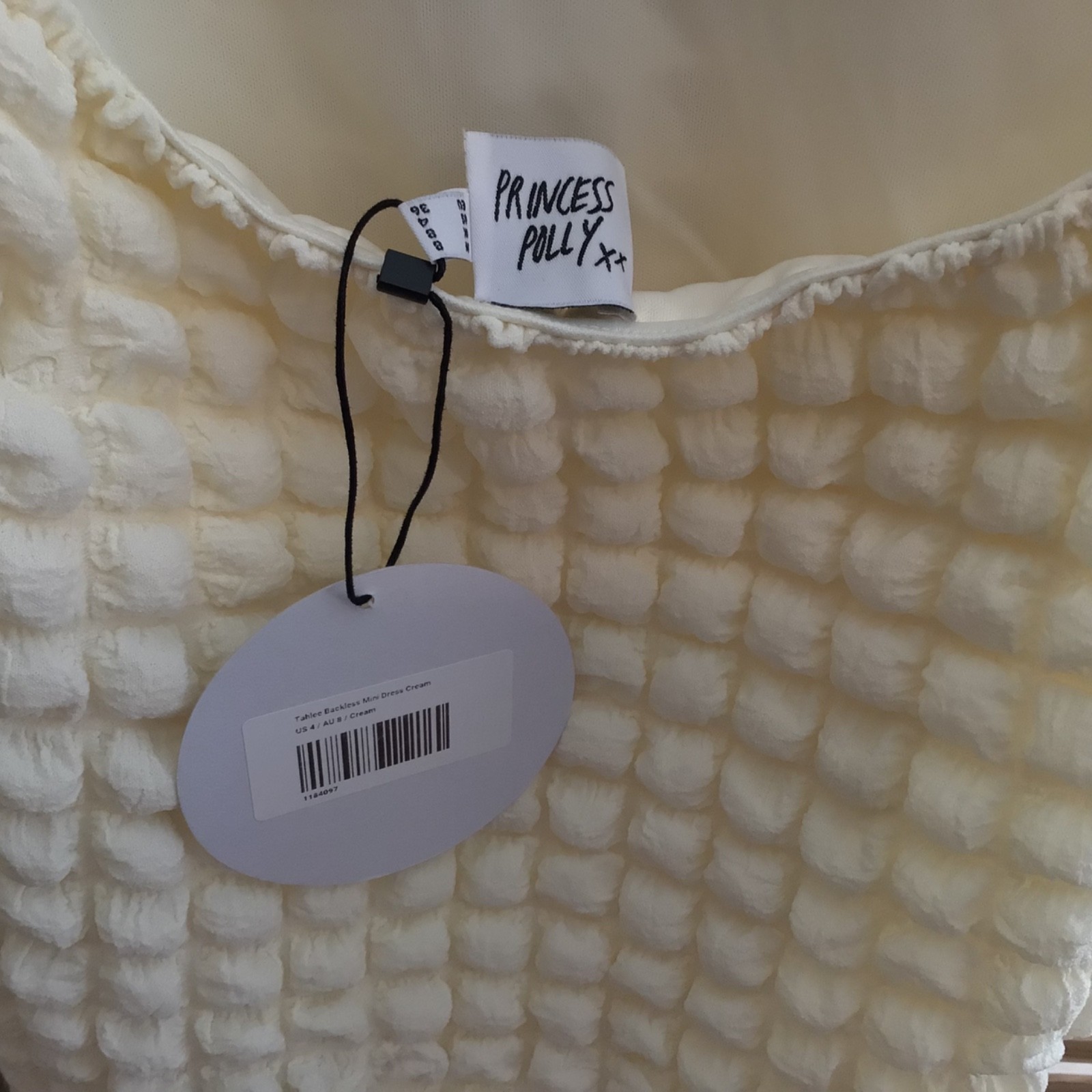 PRINCESS POLLY Tahlee Backless Mini Dress Size 4 Cream Popcorn Night Out Party