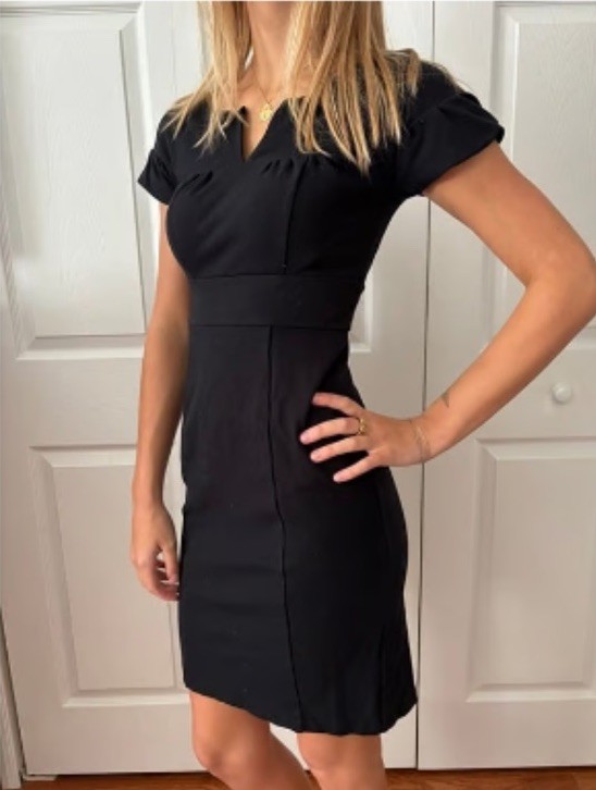 Banana Republic Womens 8 Black Solid Sheath Knee Dress Cap Sleeve V-Neck Zip