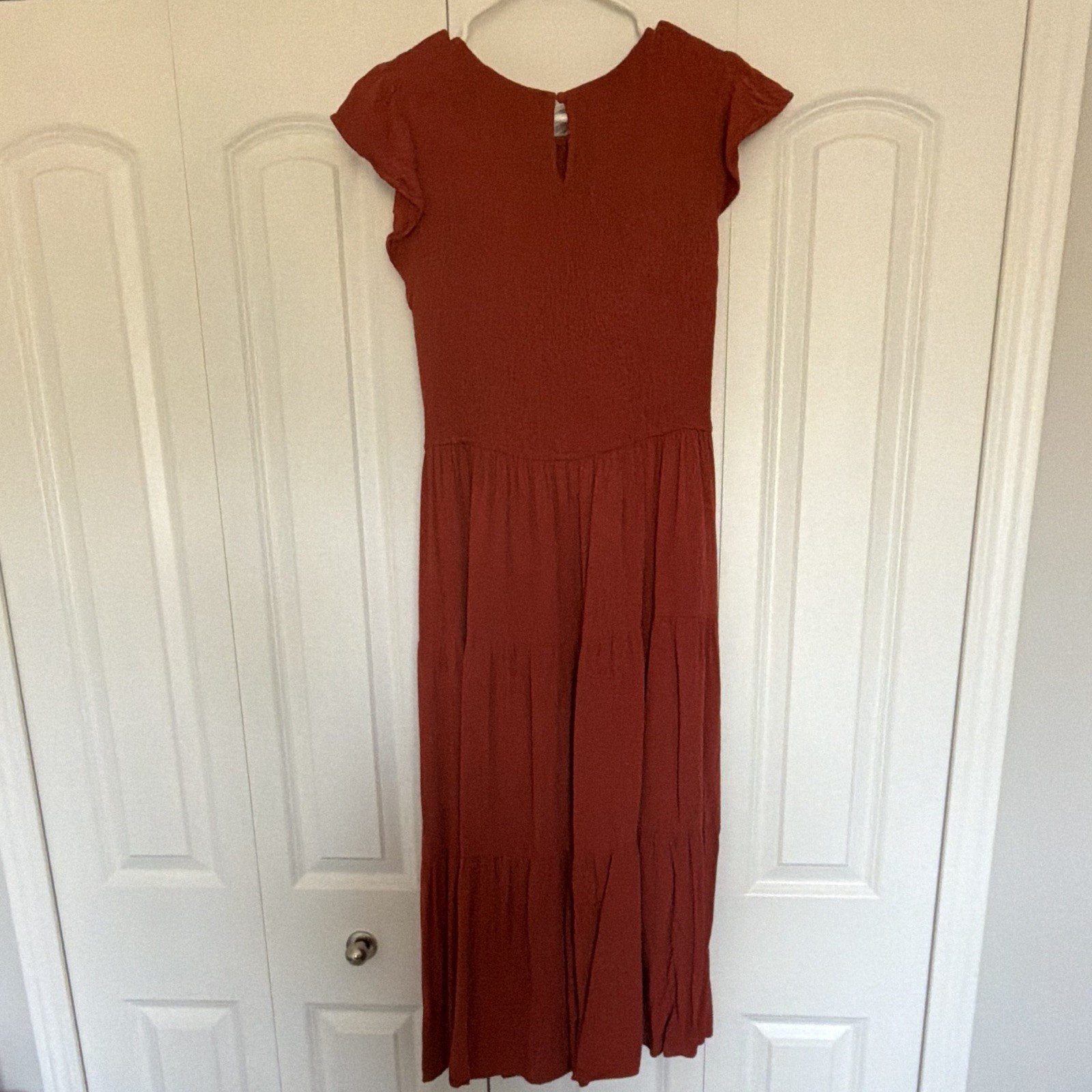ZCSIA Rust Smocked Ruffle Sleeve Round Neck Midi A-Line Dress Womens L