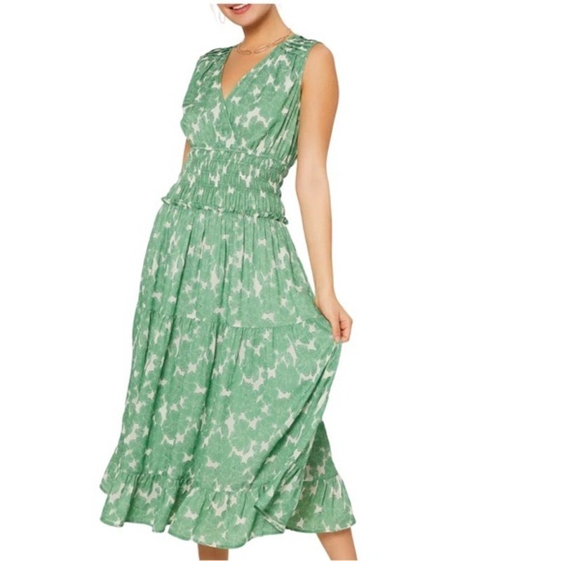 Current Air Green Printed Tiered Maxi Sleeveless Dress Size S Small