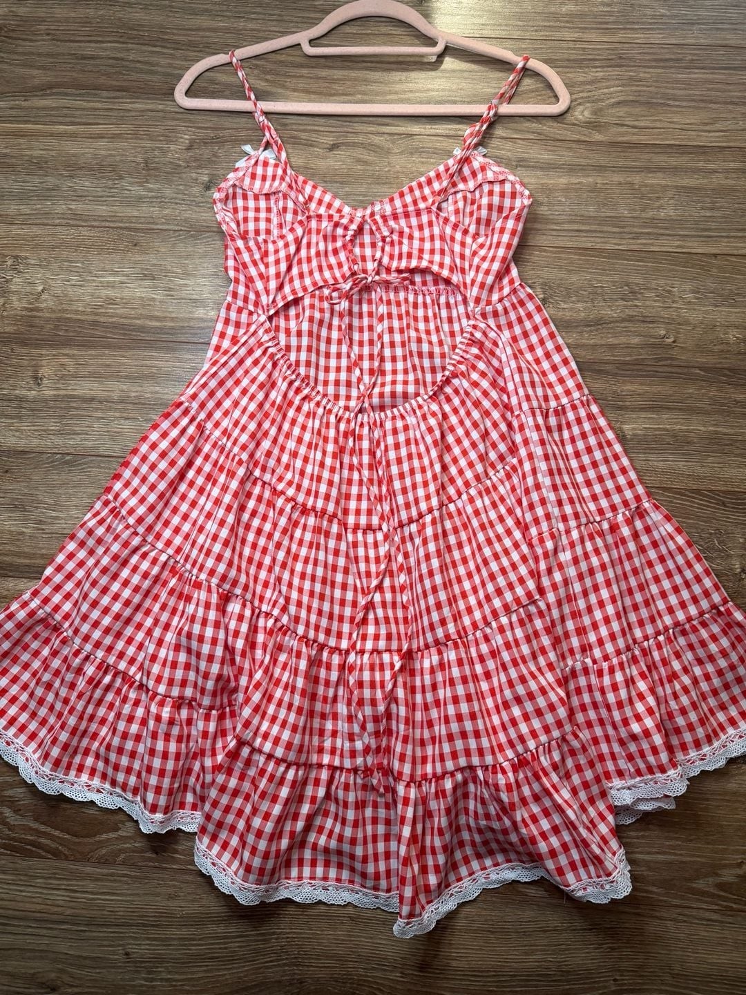 Red and White Gingham Spaghetti Strap Tiered Mini Dress with Lace Trim and Back