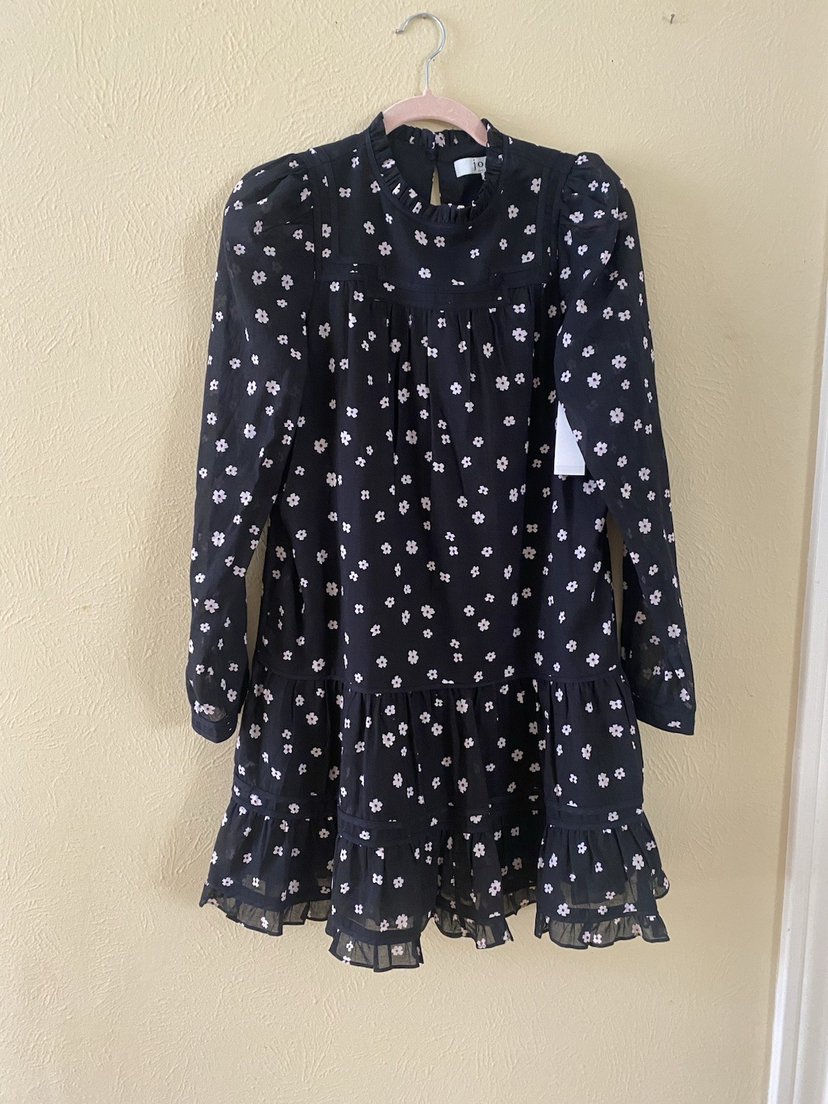 Joie XS Black White Floral Chiffon Shift Dress High Neck Long Puff Ruffle