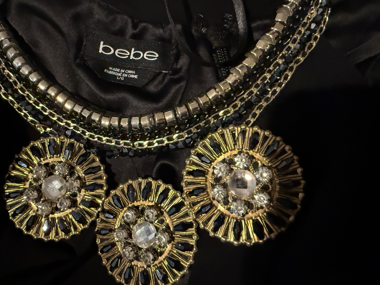 BEBE Womens Black Evening Beaded Neckline Dress – Sz Large