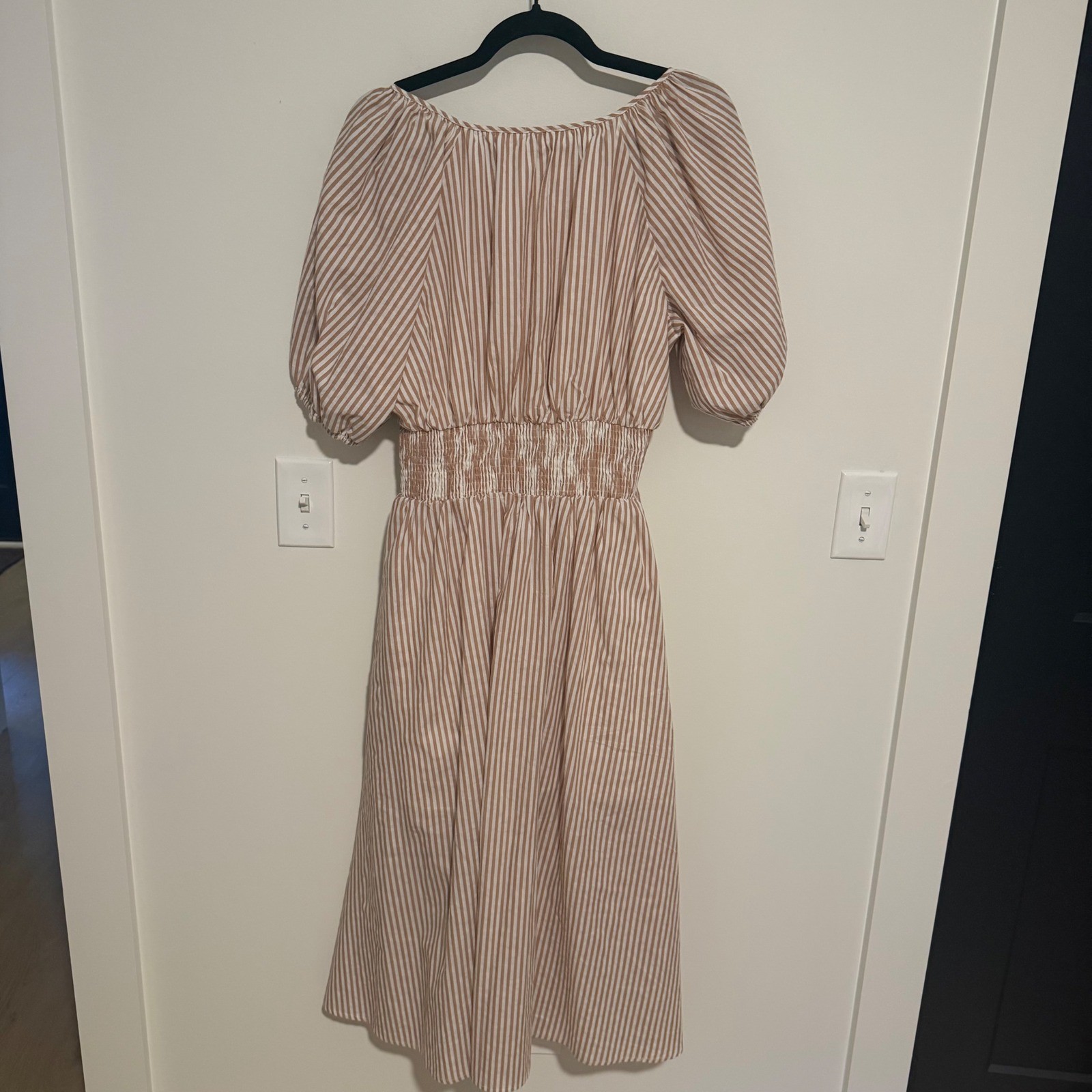 Aureum Tan White Striped Cotton Midi Dress Smocked Waist Puff Sleeve Small
