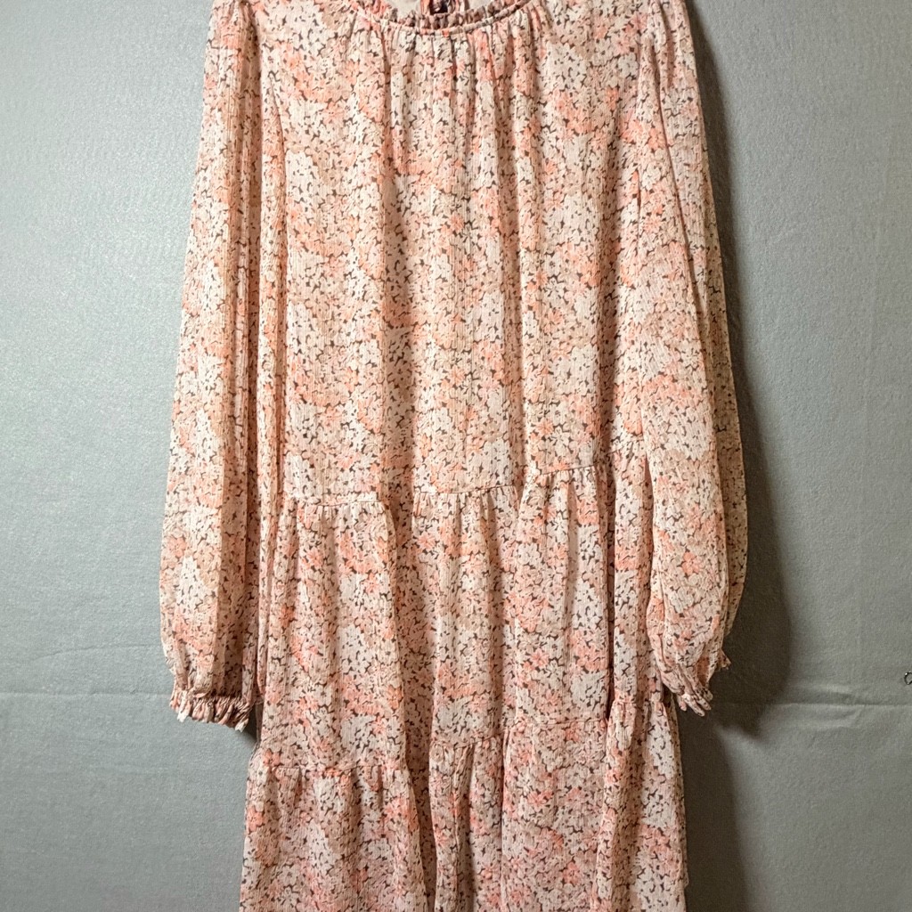 H&M Women’s Size L Floral Tiered Boho Dress Long Sleeve Tie Neck Peach Pink
