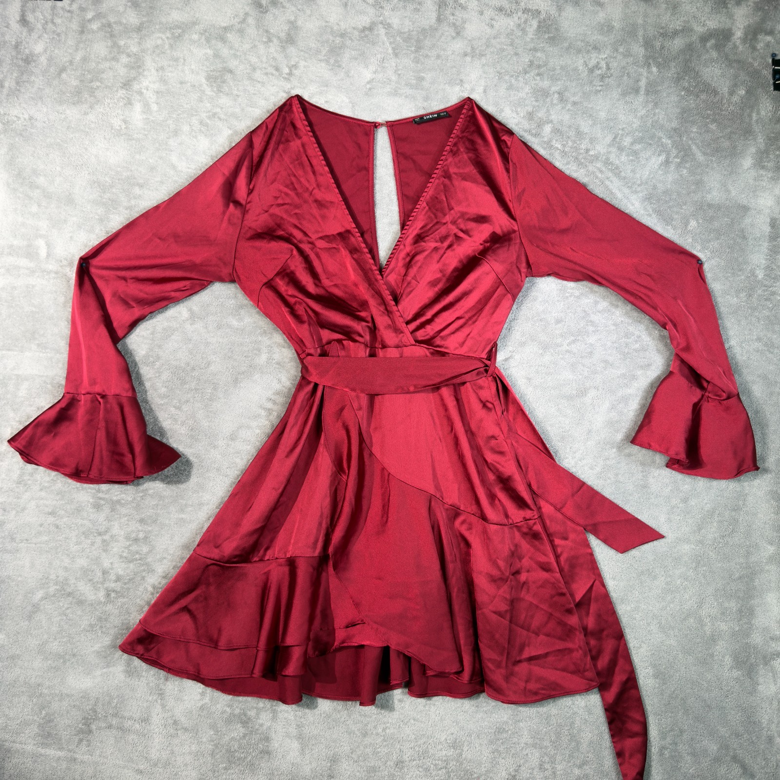 SHEIN Burgundy Wrap Style Mini Dress M Bell Sleeve Ruffle Hem Tie Waist