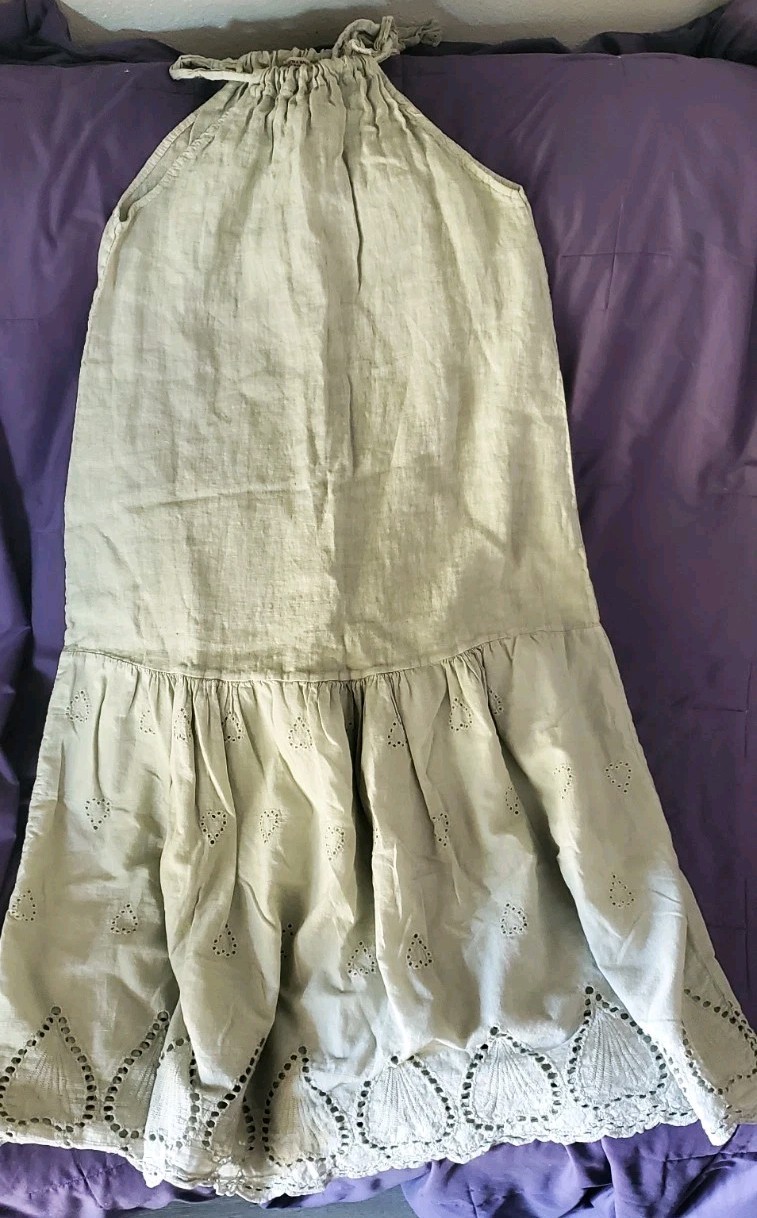 Valentina Naldi Made in Italy 100% Linen Eyelet Tie Shoulder Midi Dress M