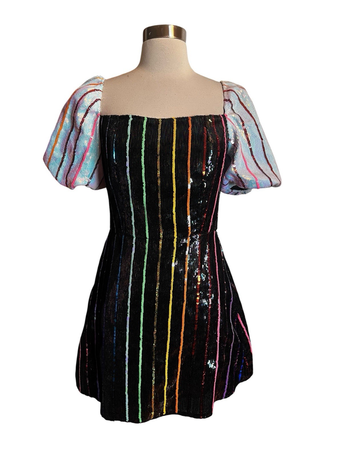 Queen of Sparkles Sequin Rainbow Stripe Dress Small Puff Sleeve