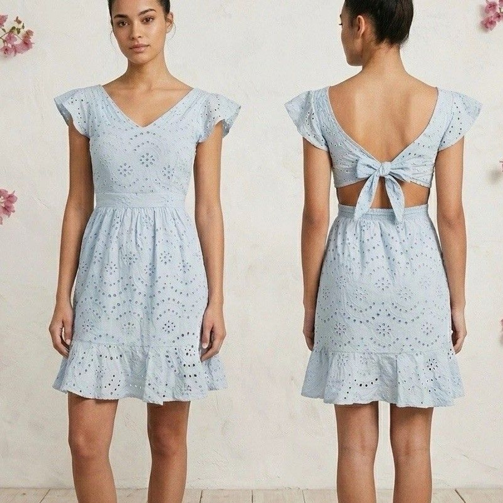 Jessica Simpson Blue Eyelet Cotton Mini XS Open Back Tie Ruffle summerdress