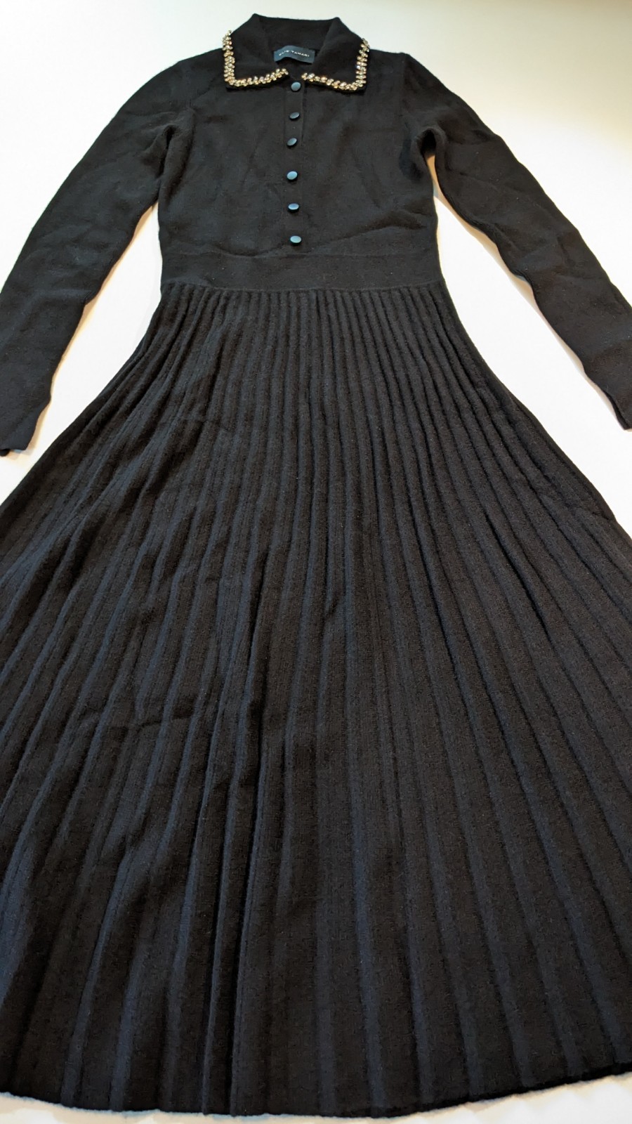 Elie Tahari Black Cashmere Crystal Collar Pleated Long Sleeve Dress XS $595 NWT