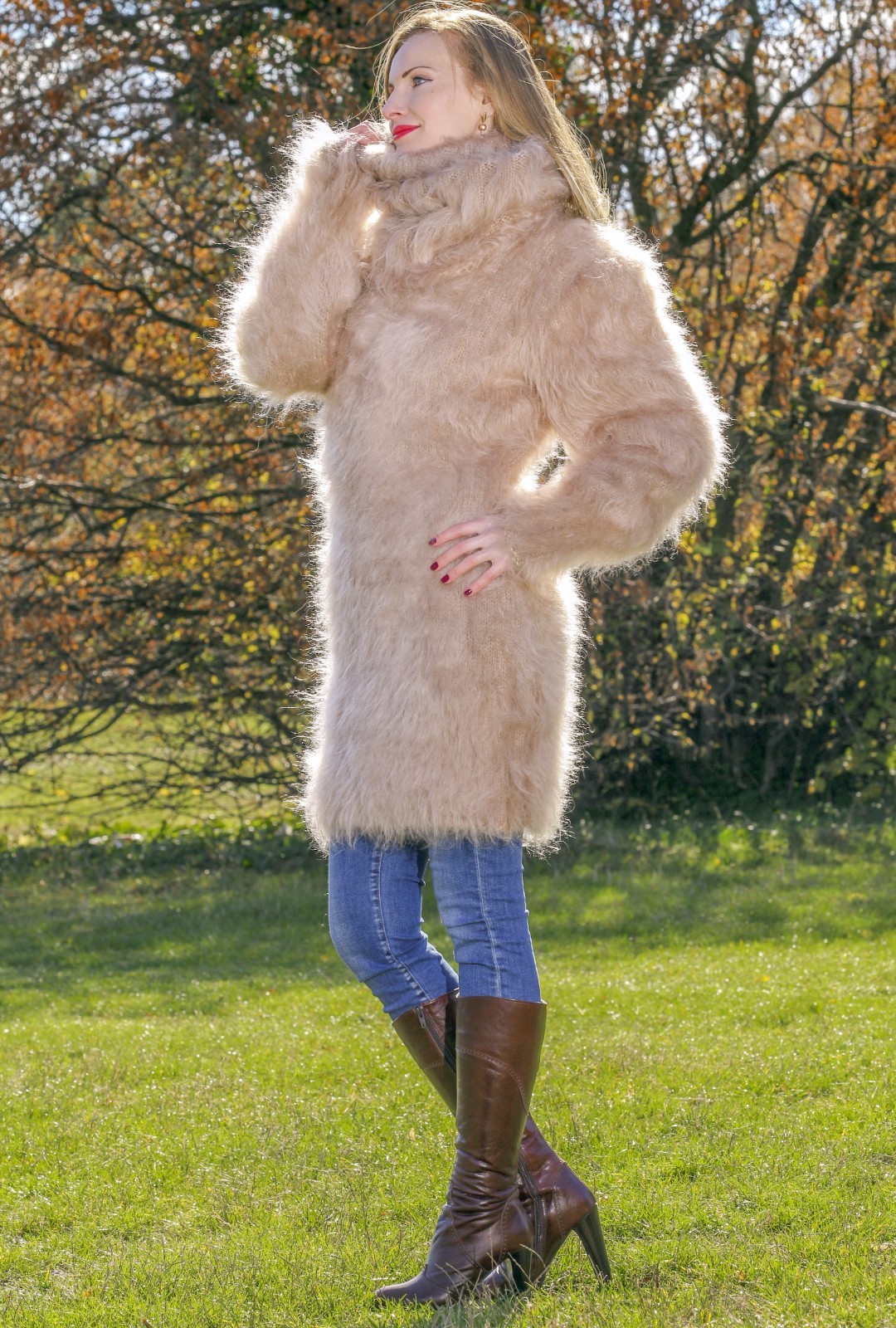Fuzzy beige mohair dress handmade sweater with extra long turtleneck size L