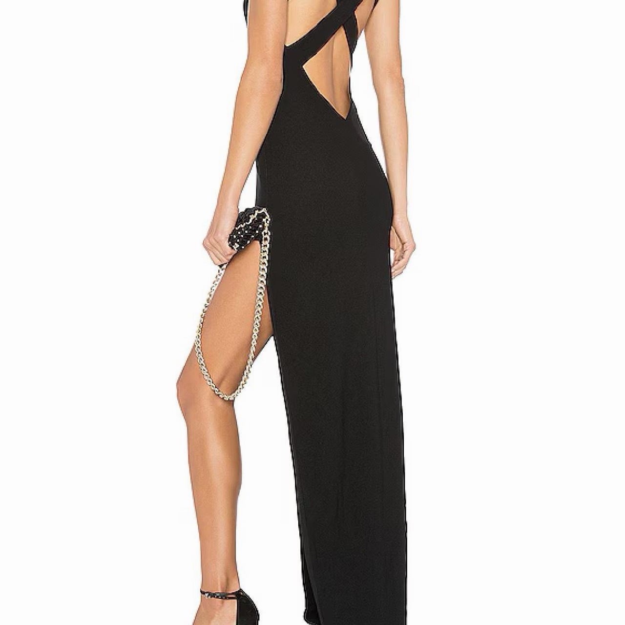 super down Black Ribbed High Neck Maxi Dress Slit Backless Stretch Size S