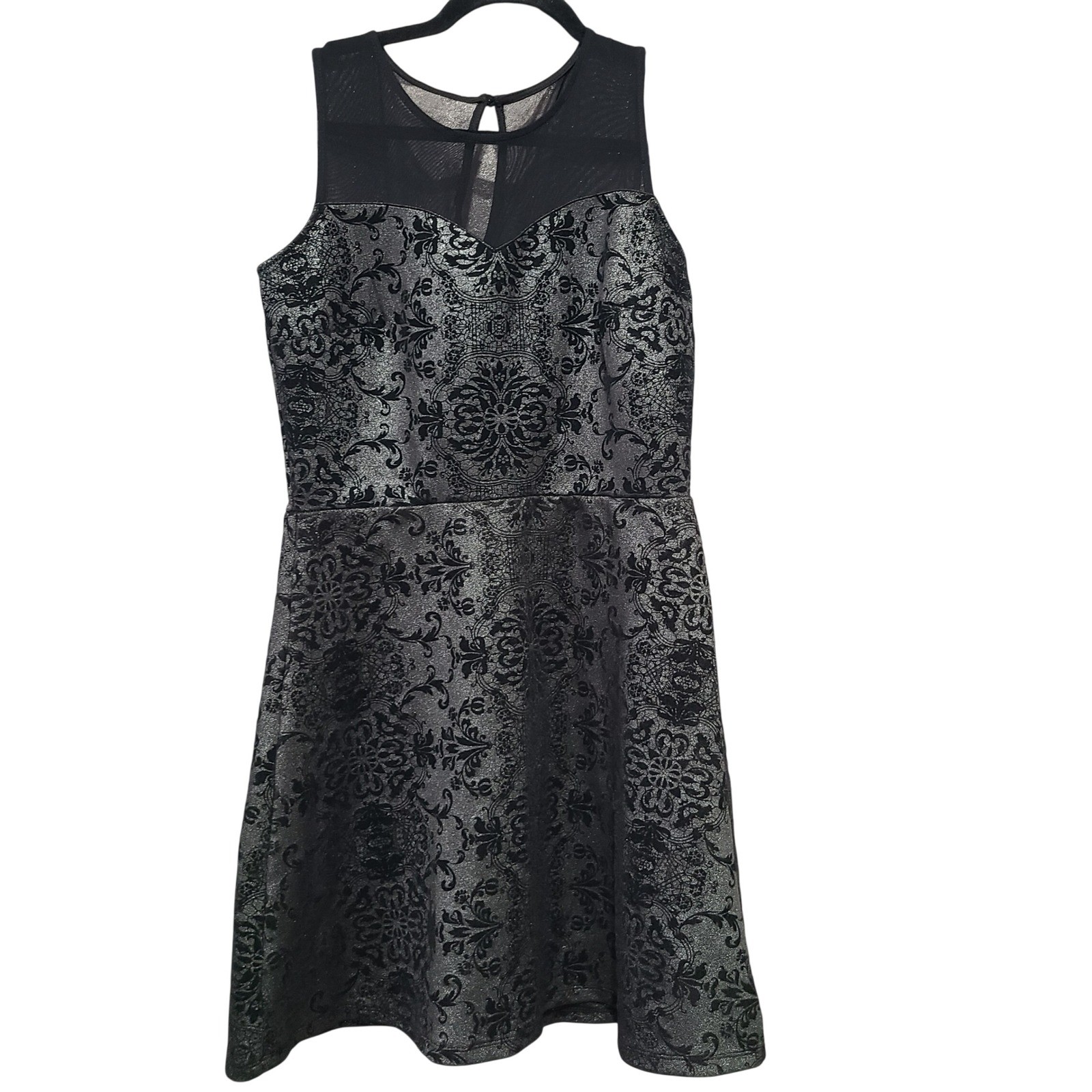 Maurices Womens Small Black Silver Metallic Damask Flocked Mesh Fit Flare Dress