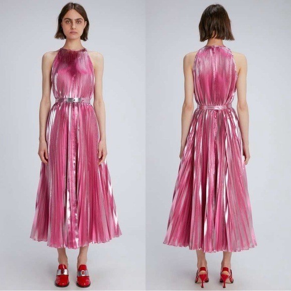 Christoper Kane Crystal Buckle Pleated Metallic Midi Dress Size 6 NWT Pink