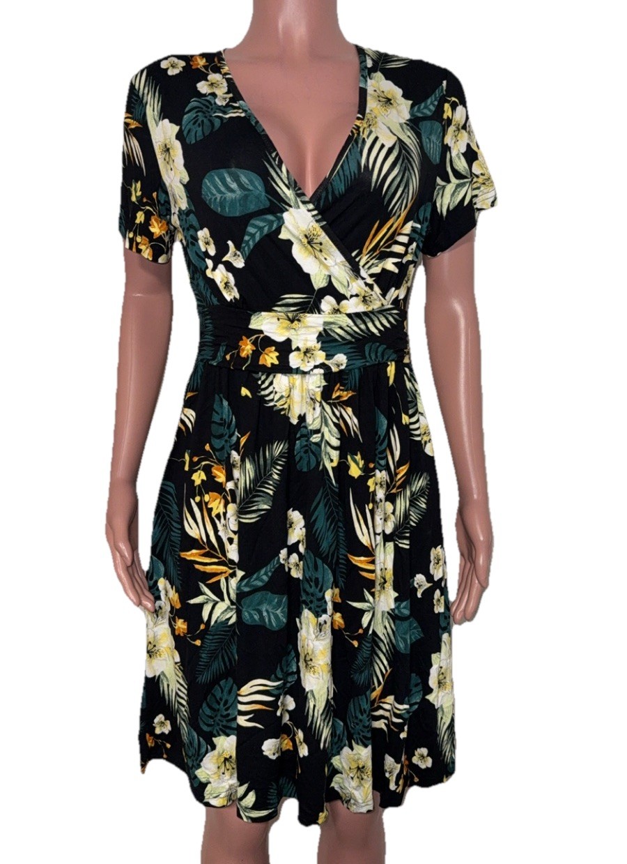 We Black Floral Wrap Style Cleavage Dress Short Going Out M NWTS Rayon Stretch