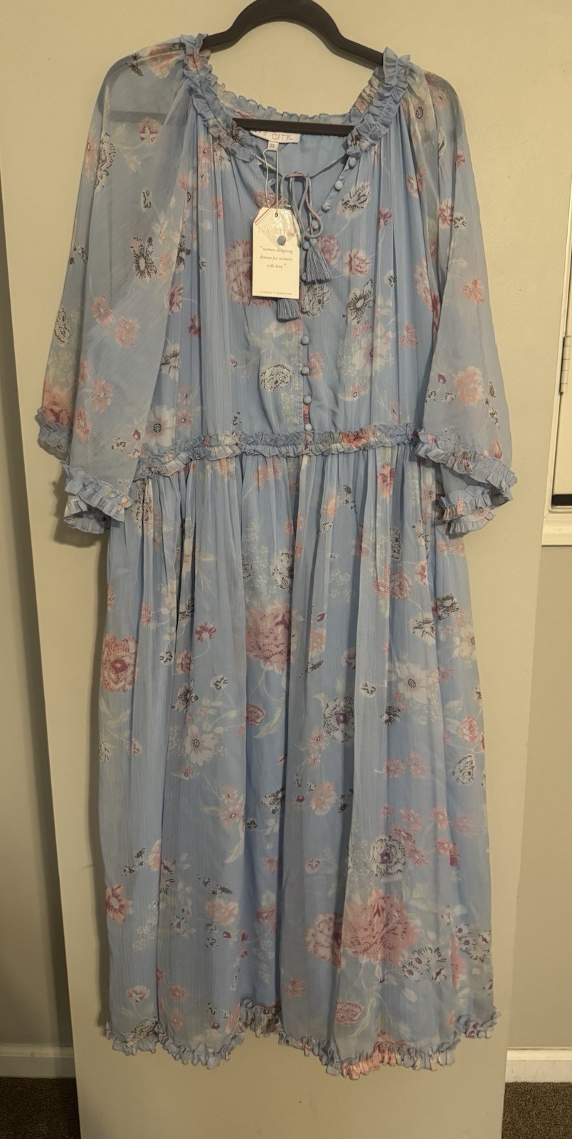 Ivy City Co. Plus 3X Blue Pink White Floral V-Neck Chiffon Midi A-Line Dress