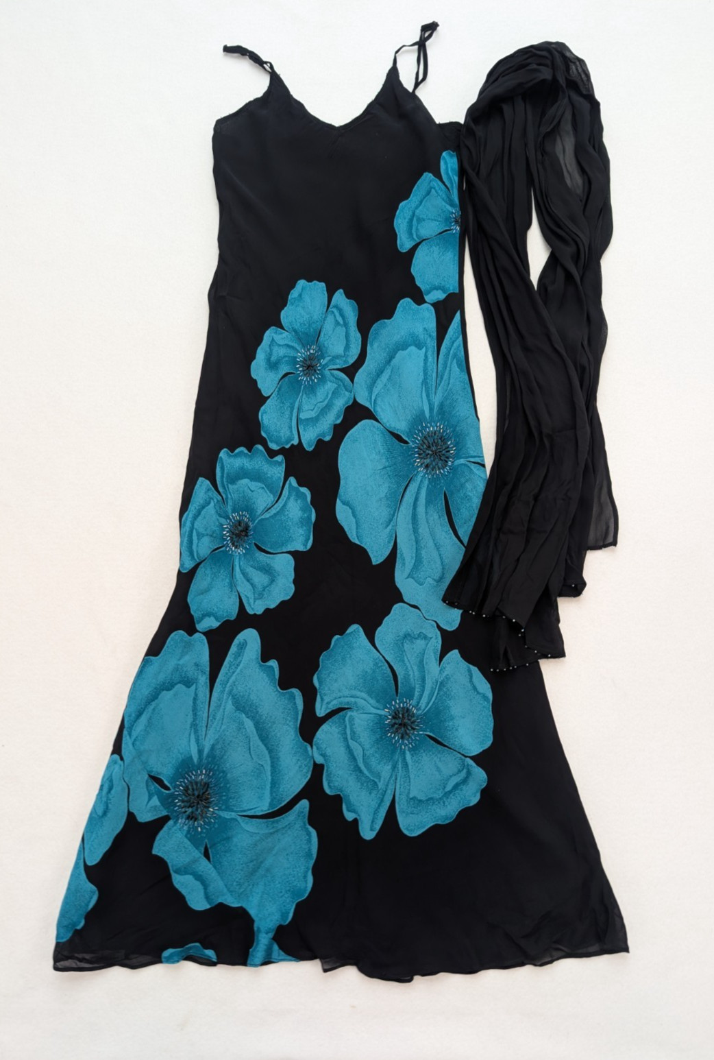 Dressbarn Women’s Maxi Dress Size Small Vtg 90s Black Blue Floral Bias Cut Scarf