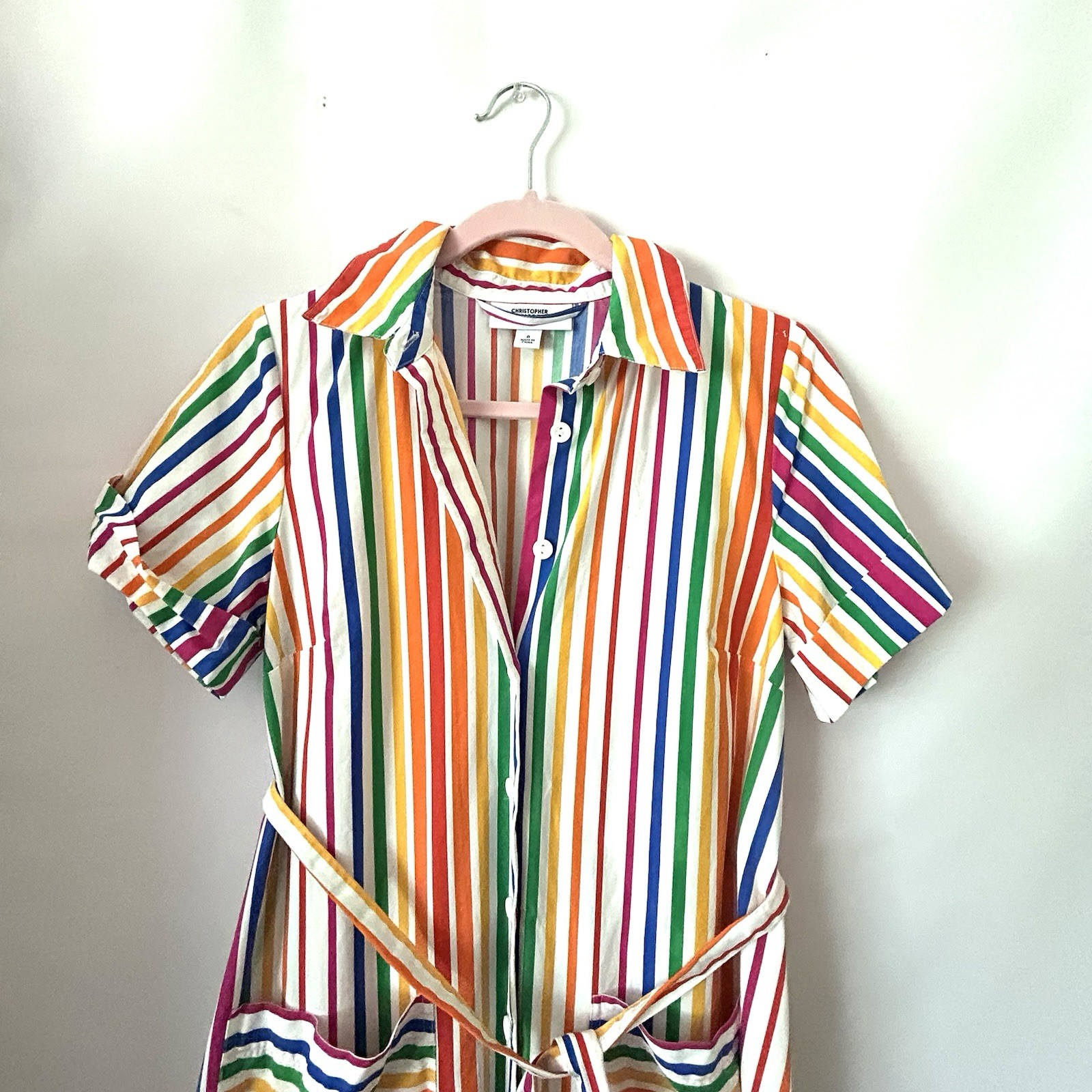 Christopher John Rogers Rainbow Shirt Dress Stripe Belted Size 0
