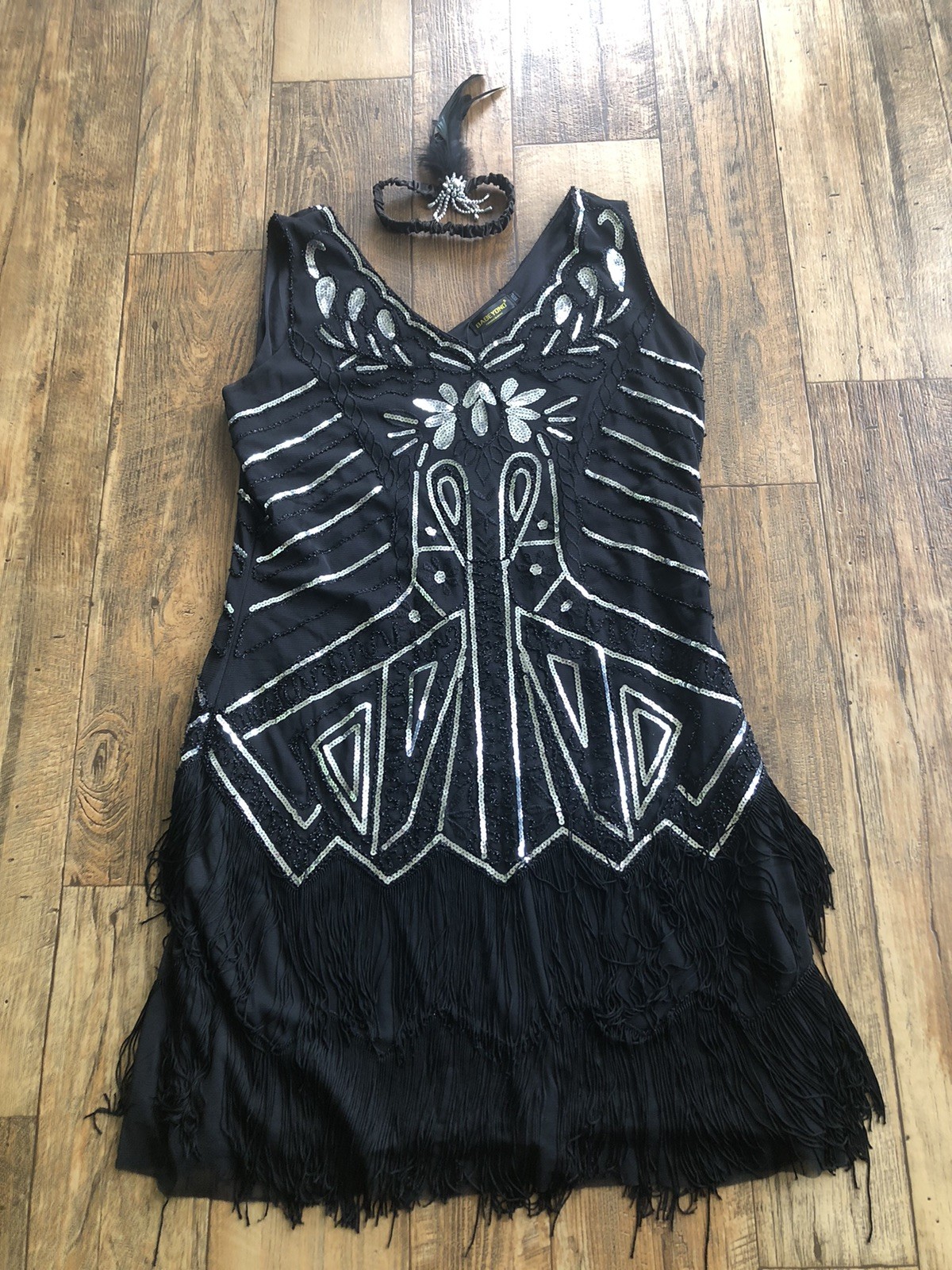 Babeyond Flapper Dress Size 3XL Black Sparkly Sleeveless With Feather Headband