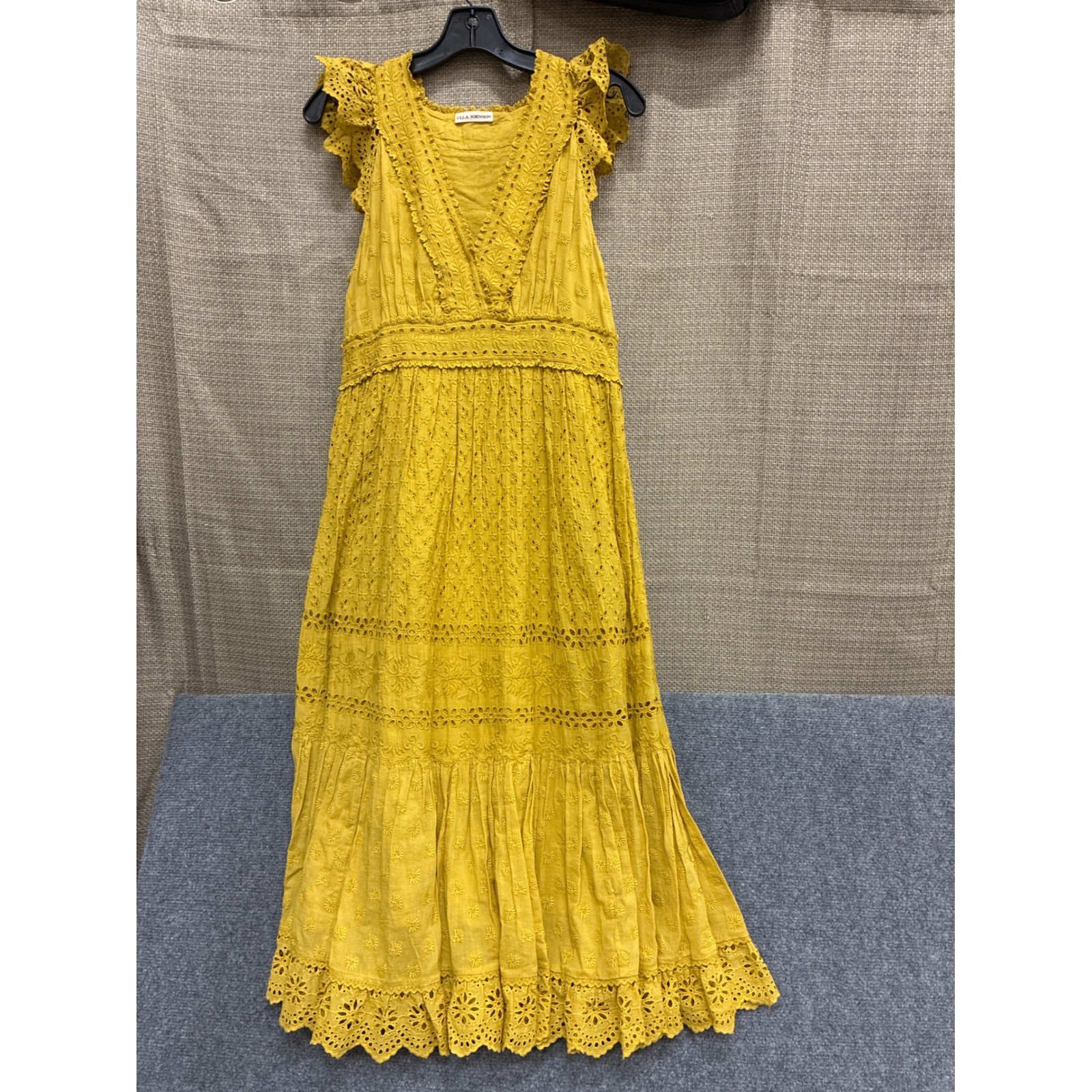 Ulla Johnson Yellow Eyelet Maxi Dress Flutter Sleeve V-Neck Boho Tiered Mustard