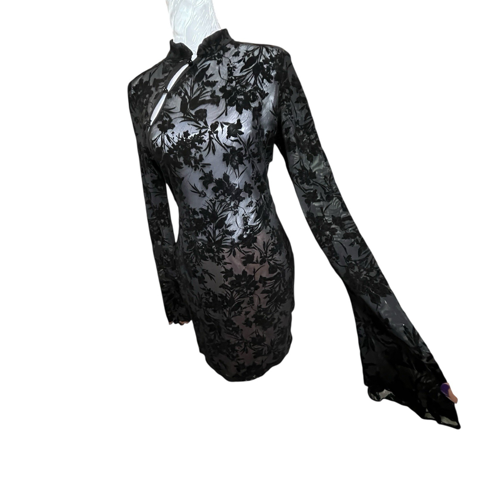 Asian Inspired Sz L Lace Dress Sheer Top Lined Skirt Bell Sleeves Goth Victorian