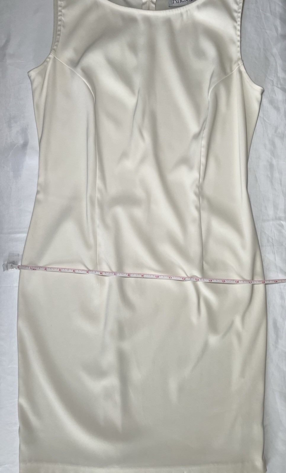 Allen B. Ivory Solid Scoop Neck Sleeveless Satin Sheath Knee Dress Zip 10