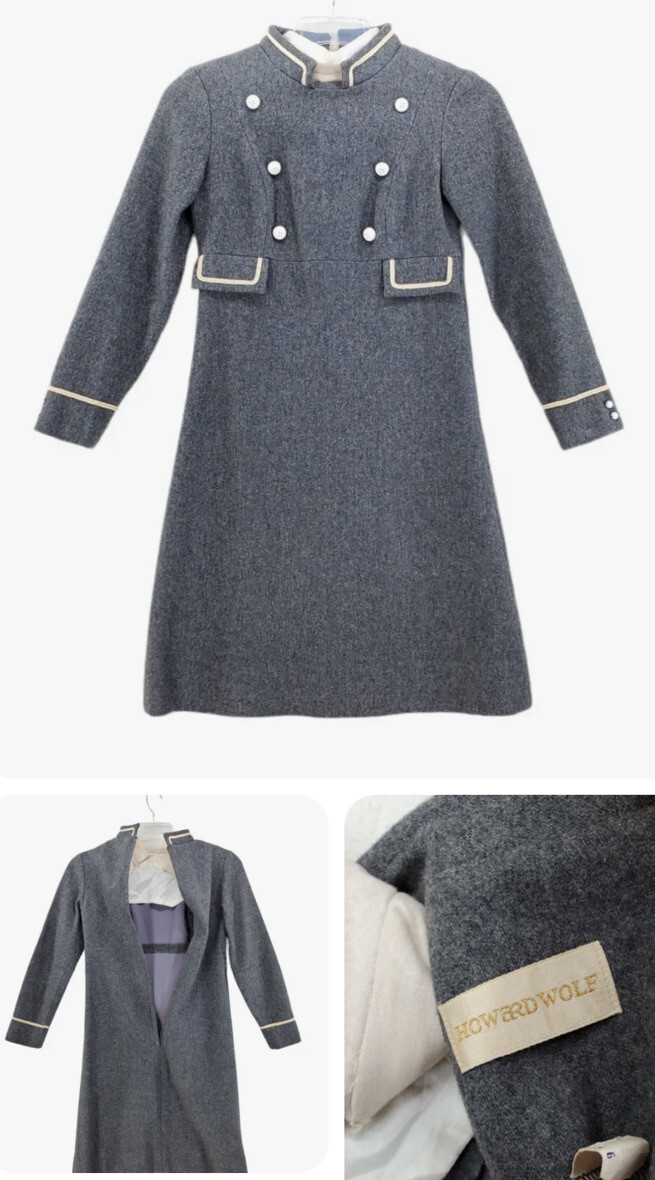 Vtg Howard Wolf Dress 5 Gray Wool Midi Military Double Breasted Preppy Cosplay