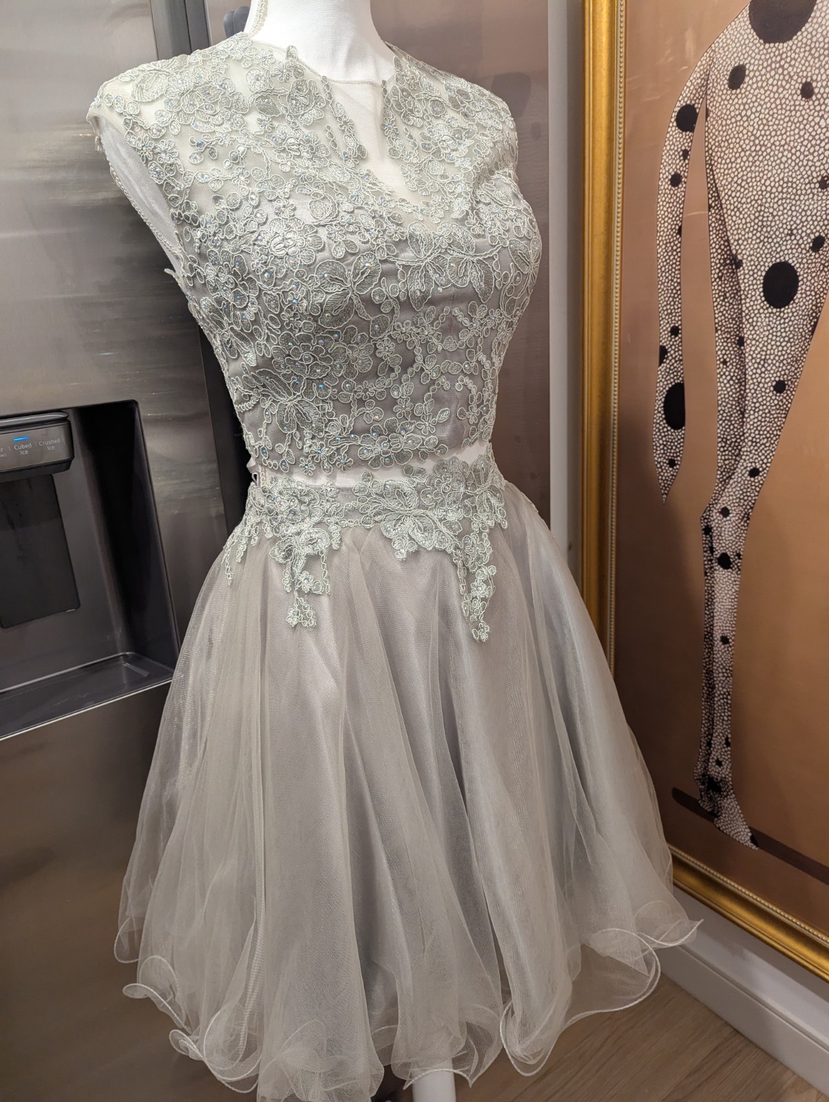 May Queen Size 12 Gray Beaded Embroidered Tulle V-Neck A-Line Knee Dress