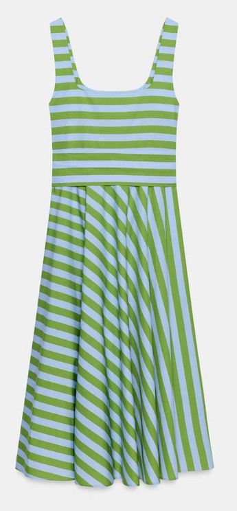 ZARA ZW COLLECTION STRIPED BELTED GREEN/BLUE MIDI DRESS sz L