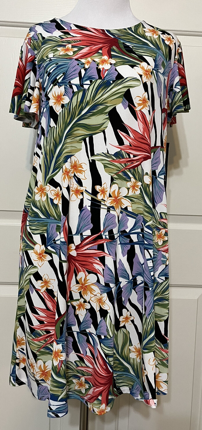 NWT Tiana B size M white purple green floral short sleeve slinky A-line dress
