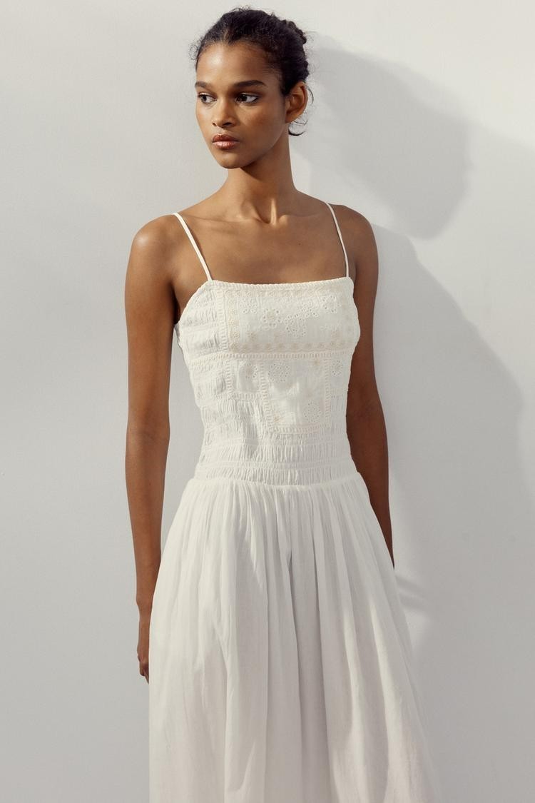 ZARA EMBROIDERED FLORAL OYSTER WHITE MIDI DRESS M