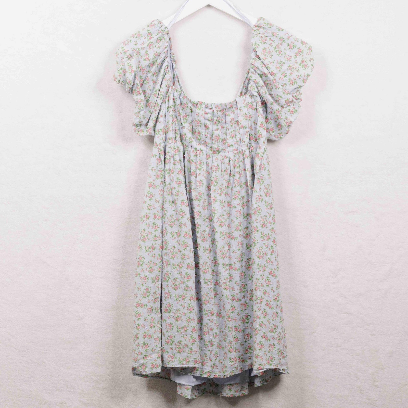 BEBOP Floral Babydoll Pleated Puff Sleeve Tie Back Mini Dress Baby Blue Sz L