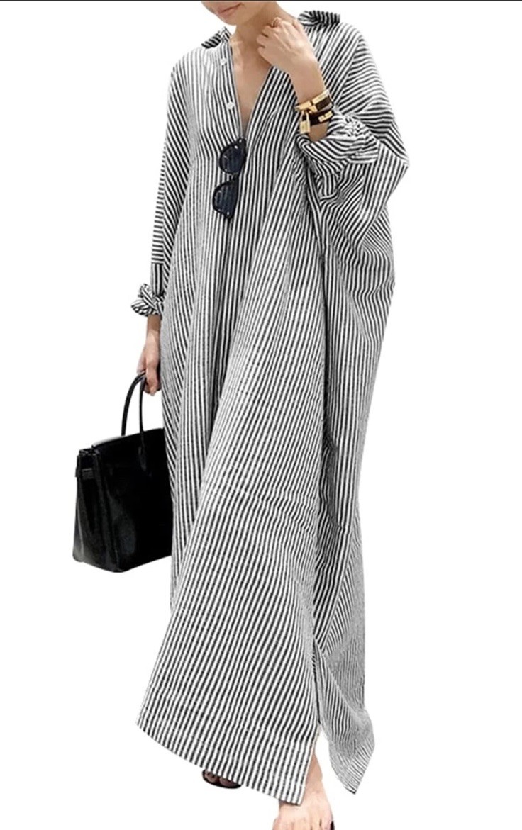 Women’s Casual Long Sleeve Button Down Striped Cotton Maxi Shirt Dress Size XL