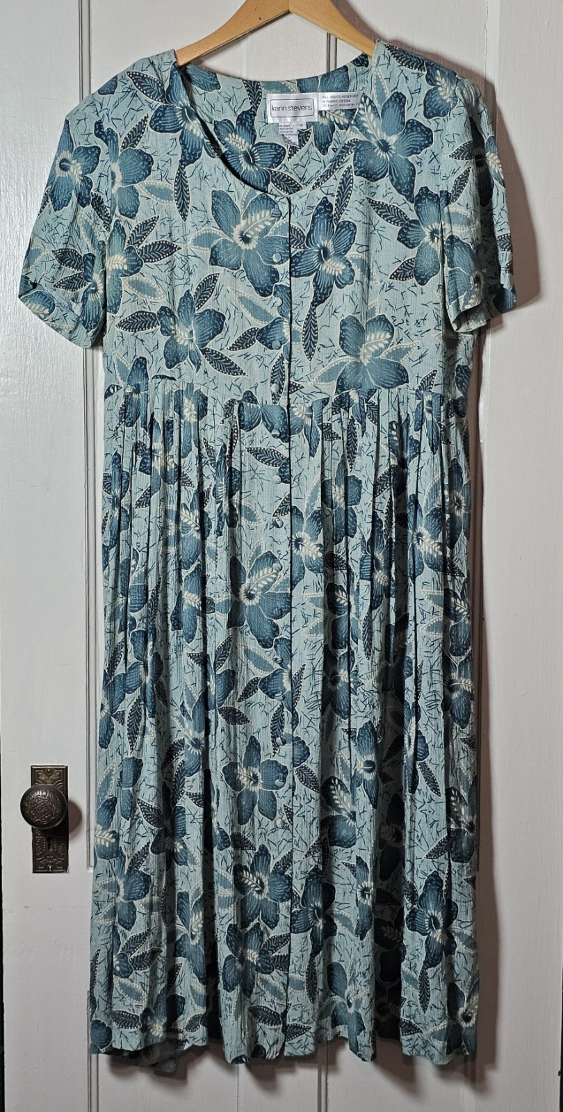 VTG 90s Grunge Revival Dress Karin Stevens 12 Teal Tropical Crinkle Rayon Midi