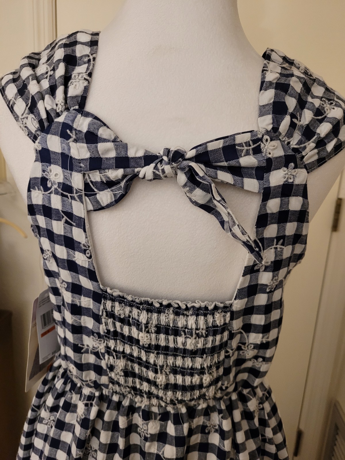 Blueberi Boulevard Navy Gingham Embroidered Midi Dress Bow Back Cottagecore Med