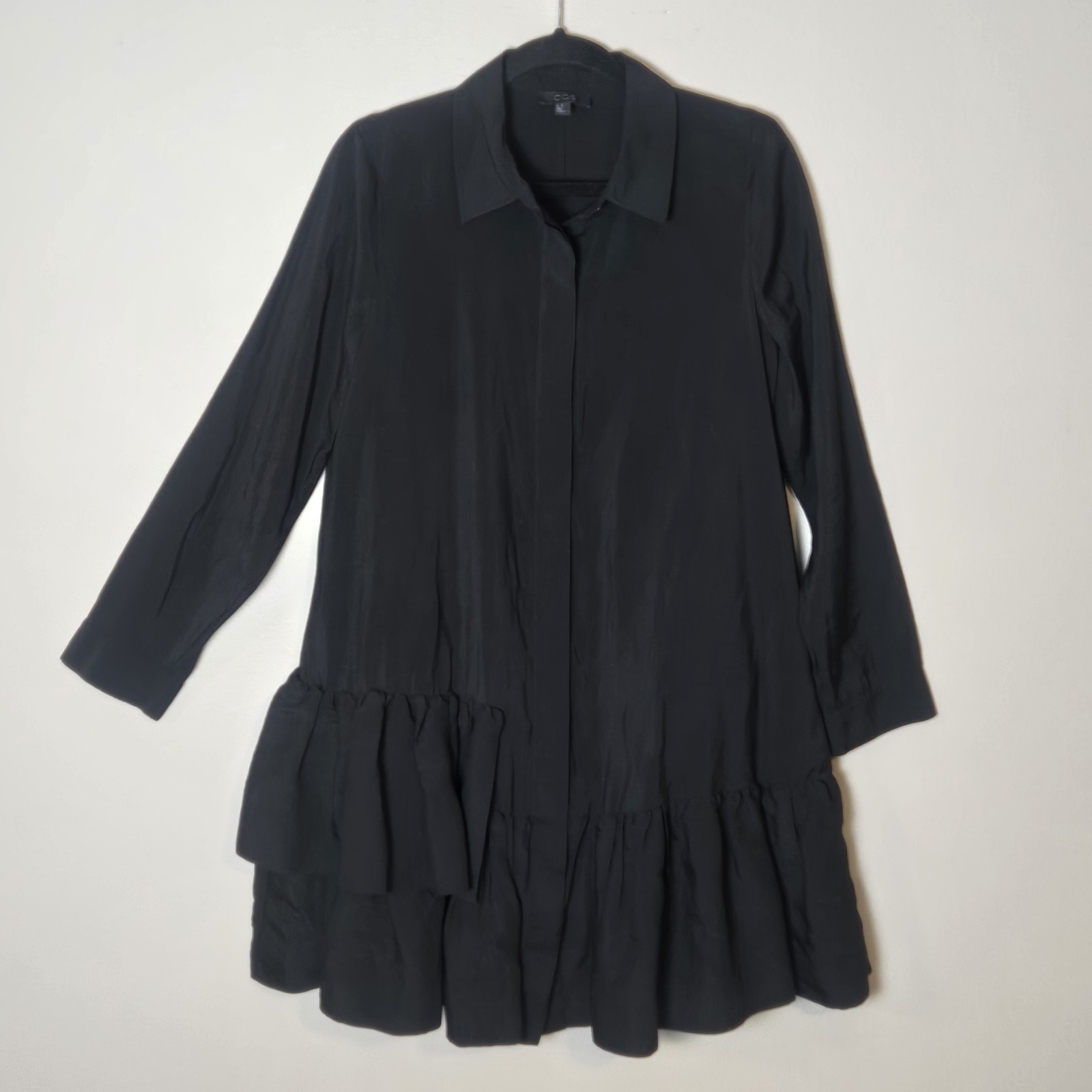 COS Black Tiered Ruffle Shift Dress Minimalist Shirt Dress Size 10 Frilled