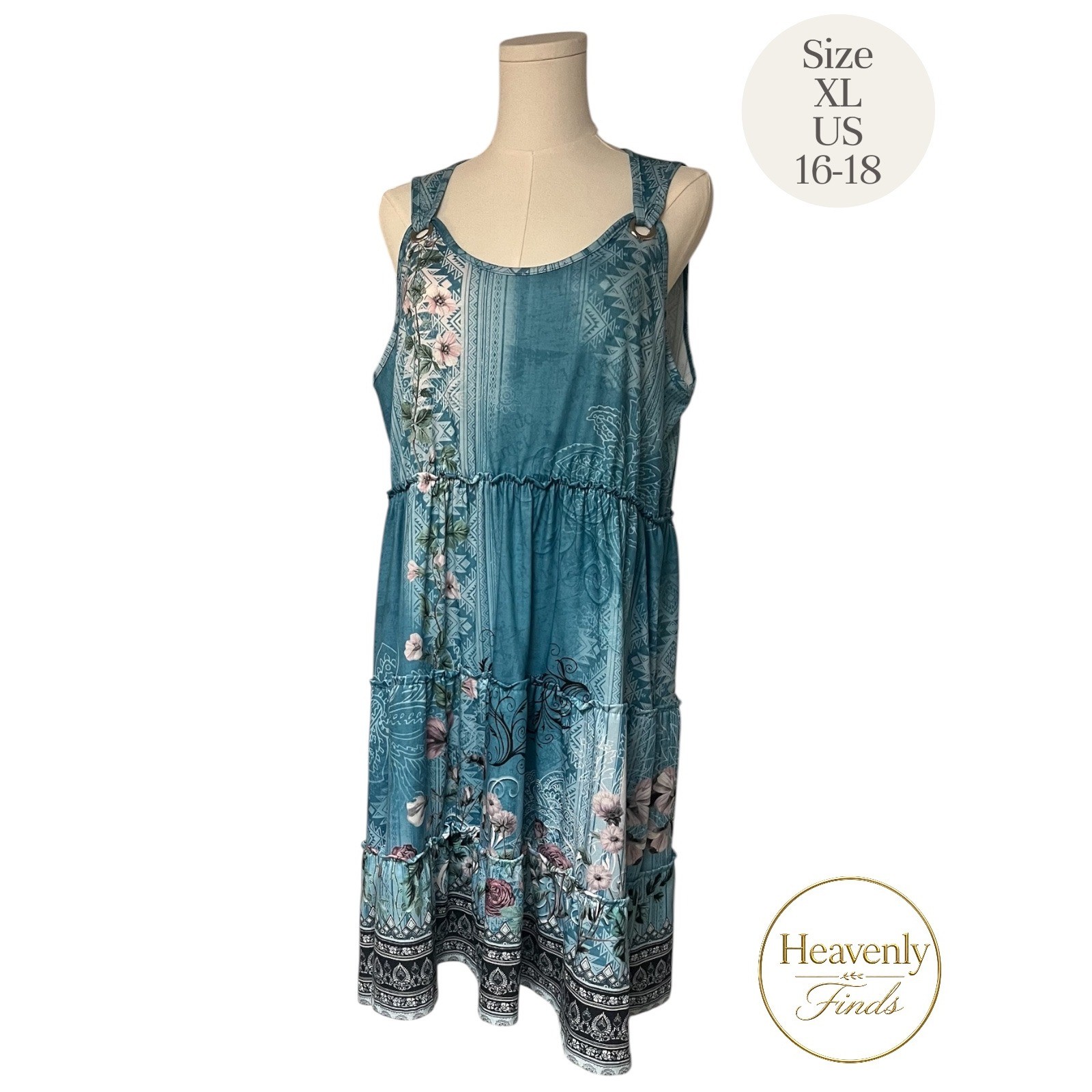 Blue Floral Tiered Sleeveless Dress XL 16-18 Knee Length Boho Summer Excellent