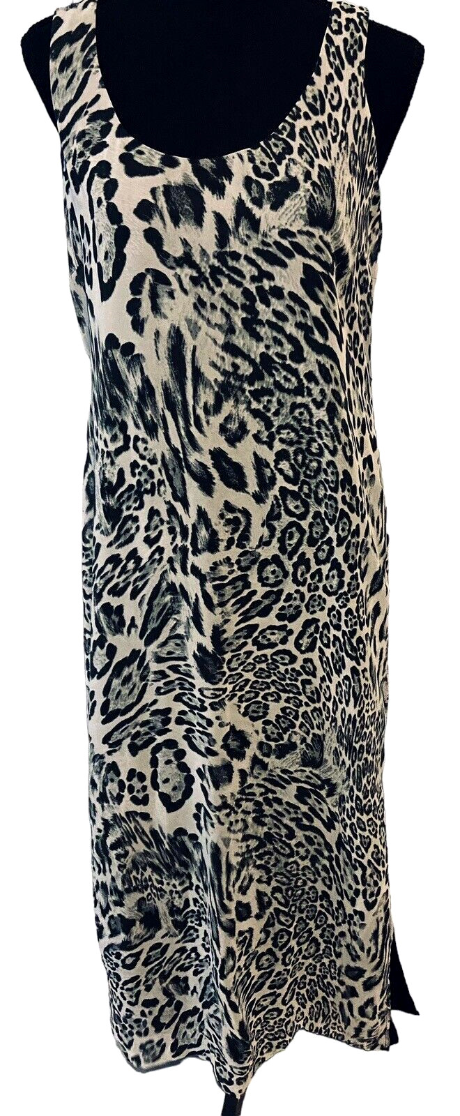CHICO’S GRAY CHIFFON ANIMAL PRINT MAXI TANK DRESS, LINED, SIDE SLIT, 0 (XS)