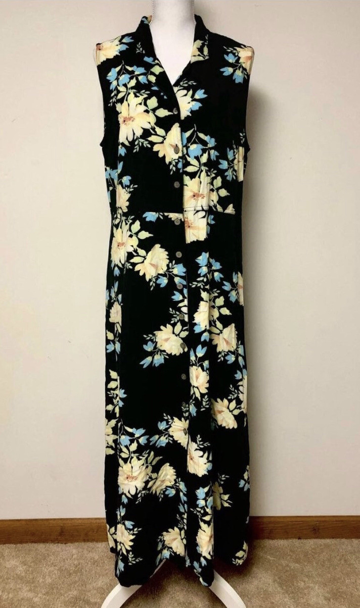 Women’s size 16 Vintage Women’s Maxi Dress Original Island Sport Black Floral