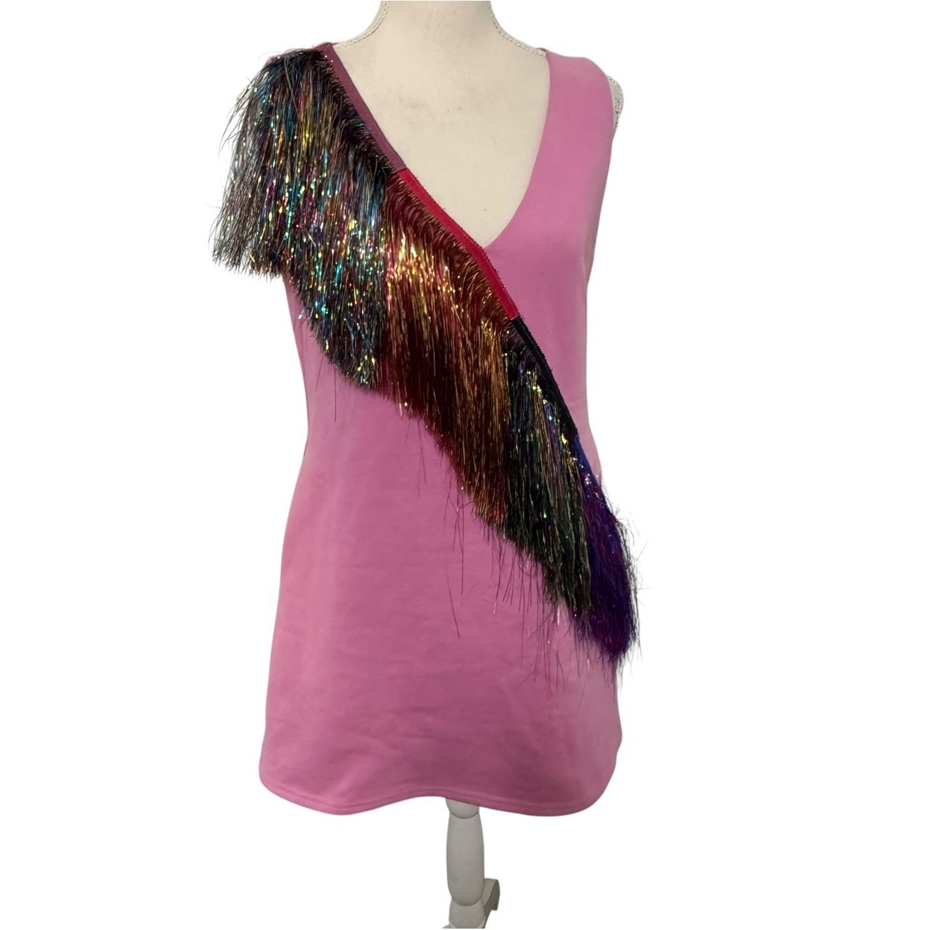 Queen of Sparkles Pink Tinsel Fringe Sash Mini Dress Sleeveless Small