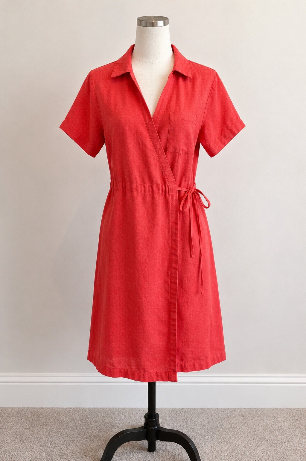 Athleta Playa Wrap Dress Womens 10 Coral Red 100% Linen Tie Waist Shirt Dress