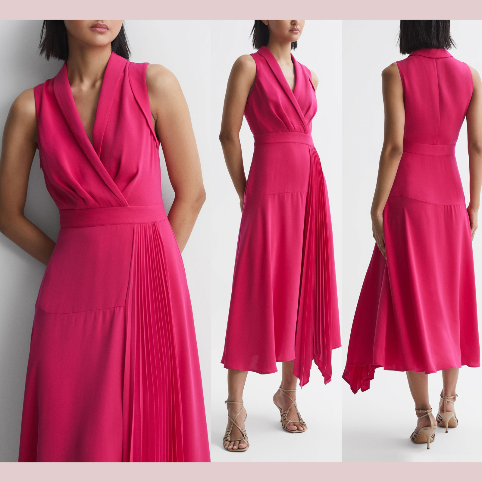 NWT $385 Reiss [ 0 US ] V Neck Claire Pleated Fitted Midi Dress in Pink #J669