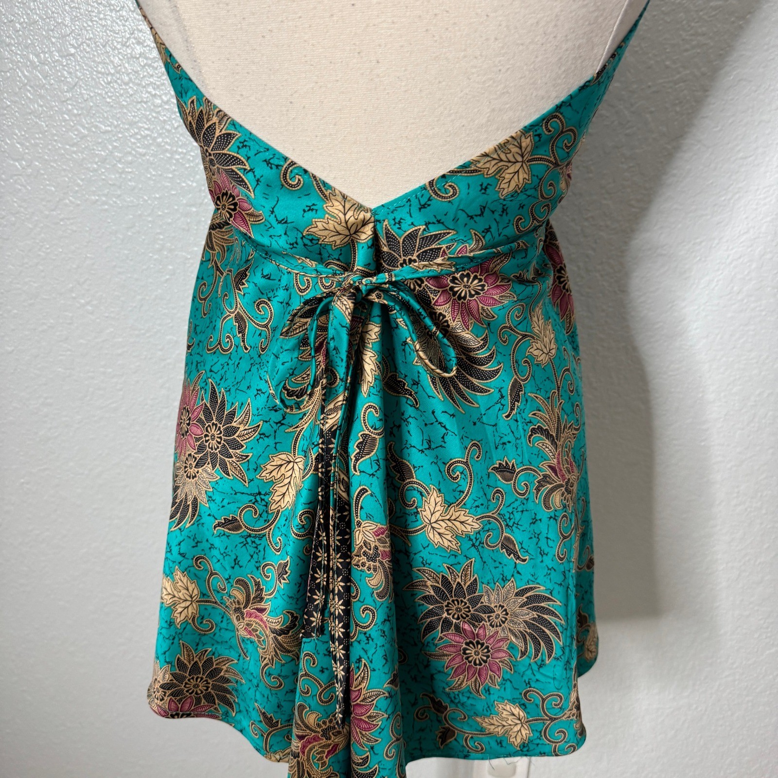 Teal Floral Batik Print Halter Top V Back Boho V-Neck Mini Dress Womens One Size
