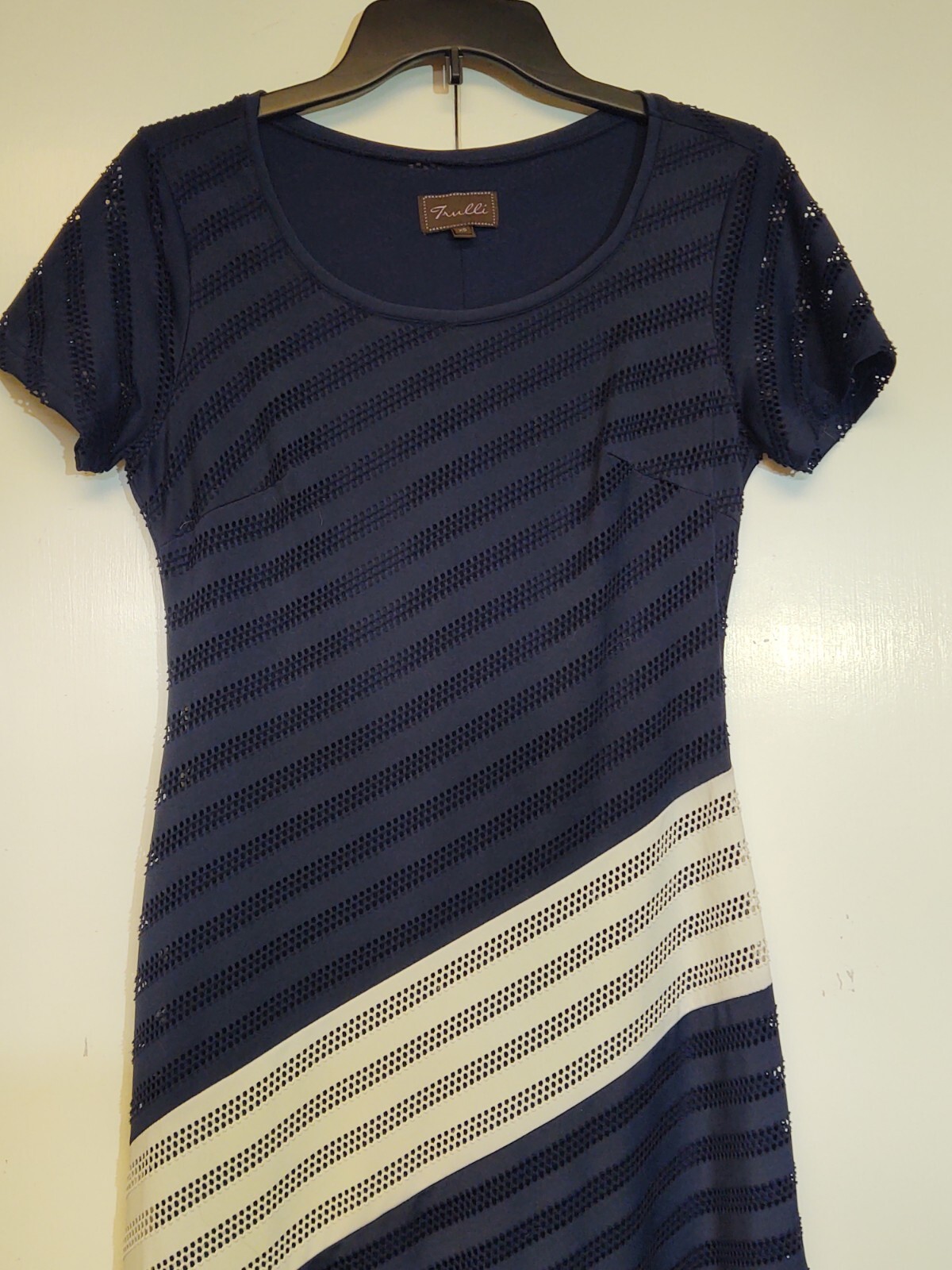 TRULLI Maxi Dress Navy White Size Small Diagonal Stripe Lined Pointelle