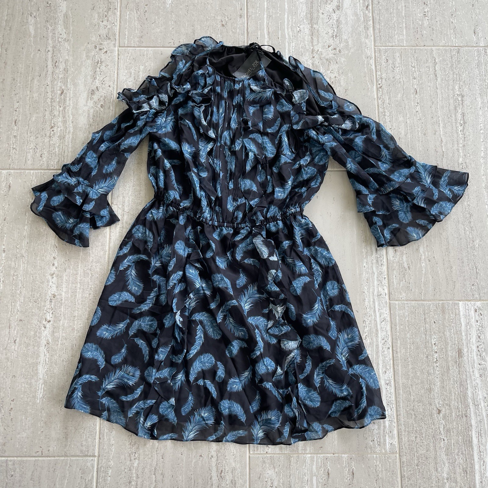 Rachel Zoe Women’s Cold Shoulder 100% Silk Dress Size 10 Black With Blue Feather